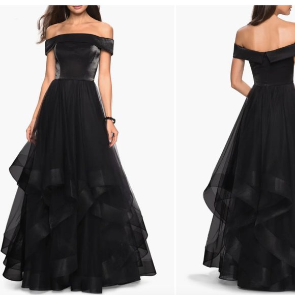 LA FEMME OFF THE SHOULDER BLACK EVENING TULLE GOWN sz 8